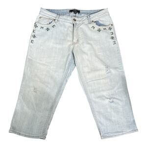 Cato Jeans Women’s Size 14 Distressed Capri Rhinestone Denim Stretch Blue